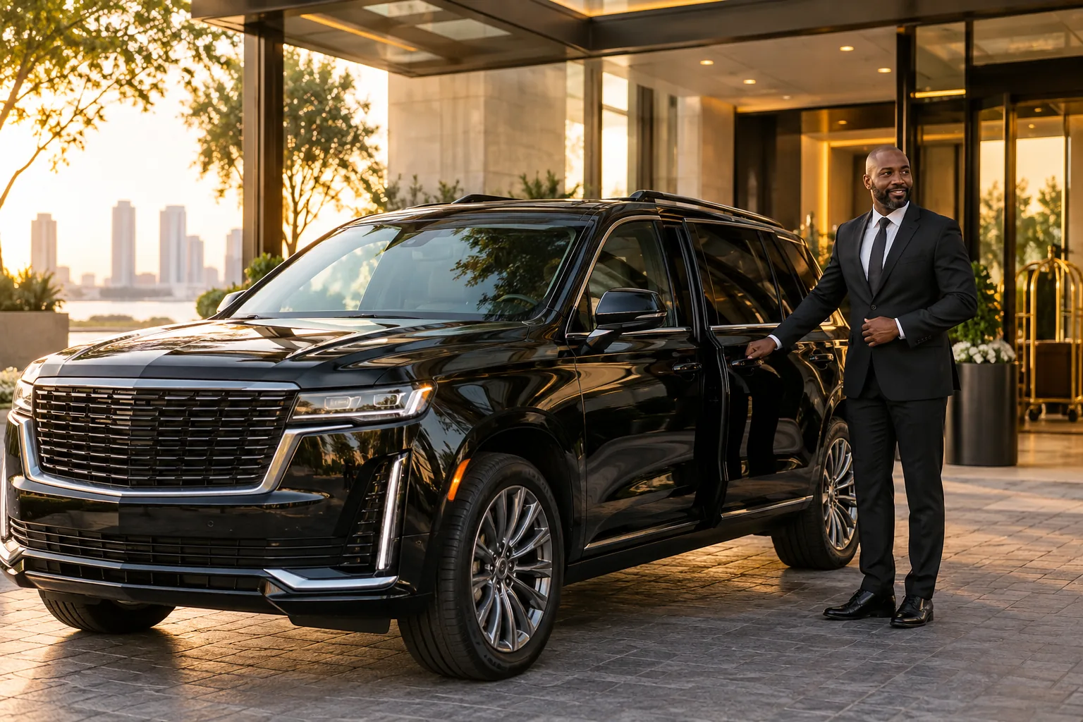 Professional passenger driver beside a black executive SUV