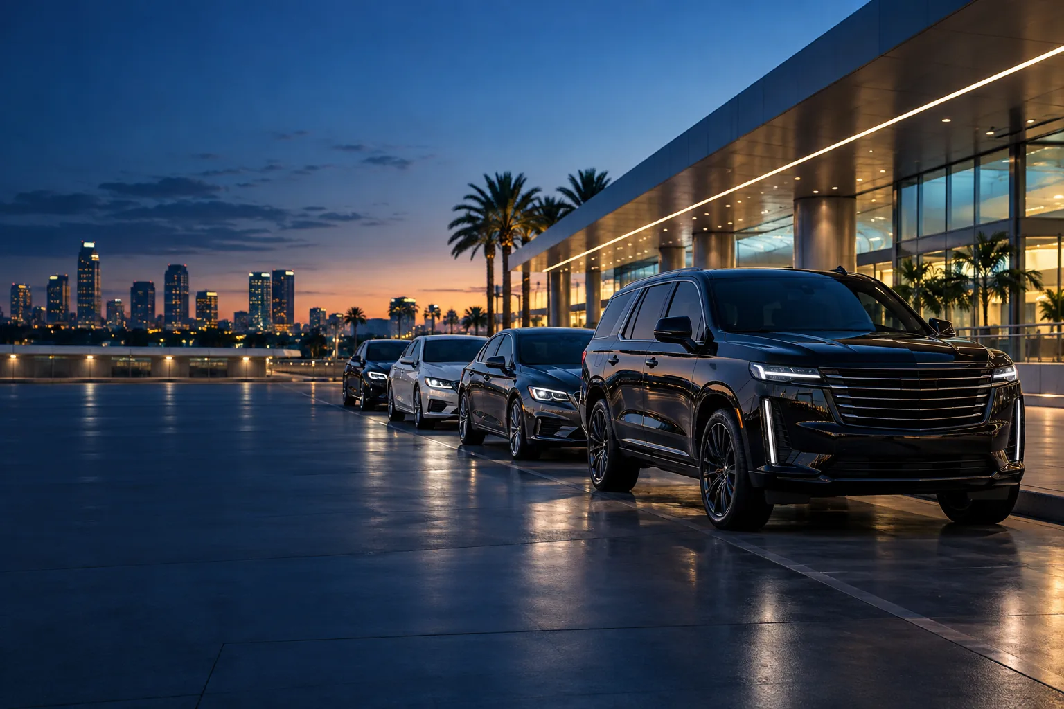 Passenger fleet outside a modern transportation center