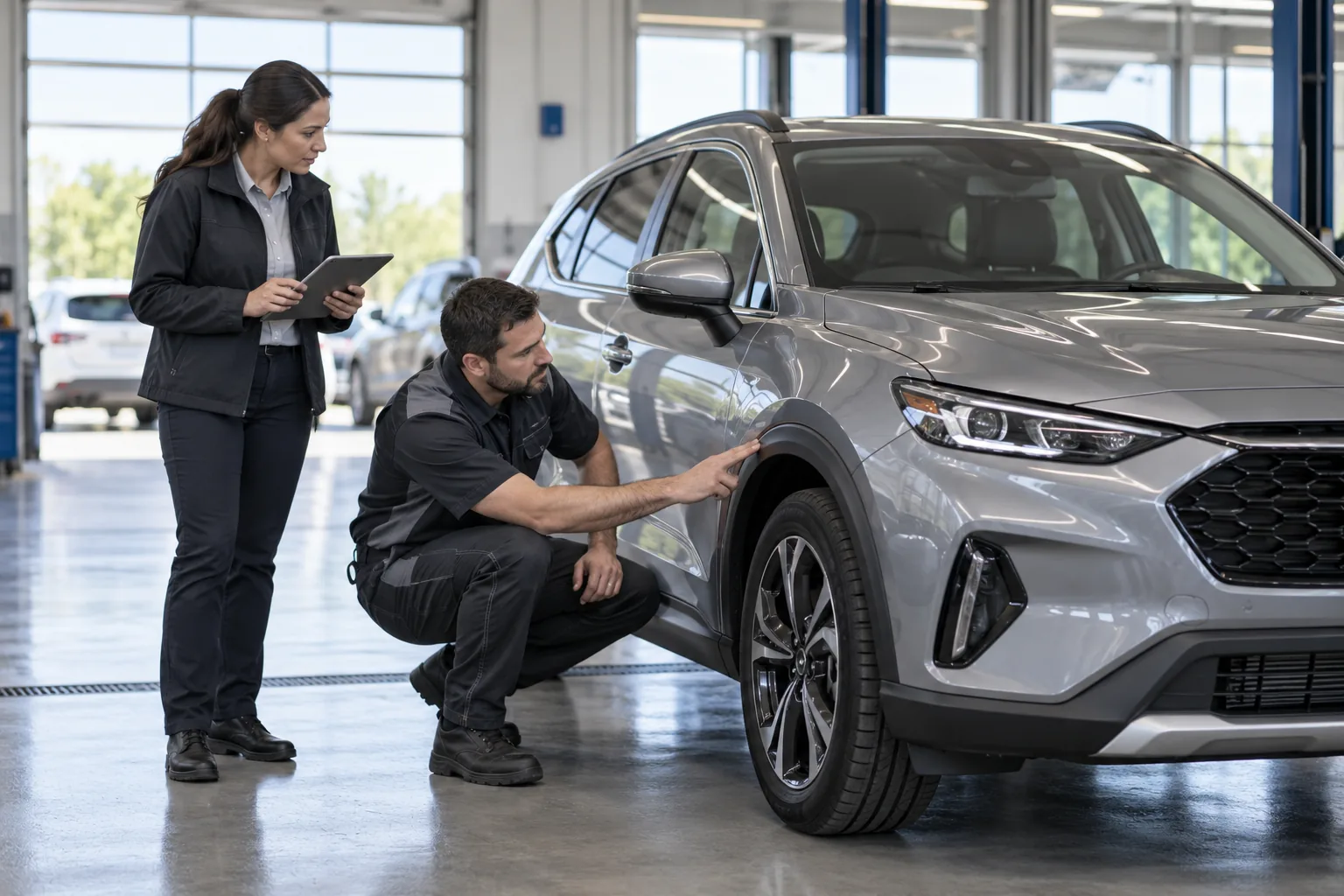 Supervisor and technician reviewing a passenger vehicle