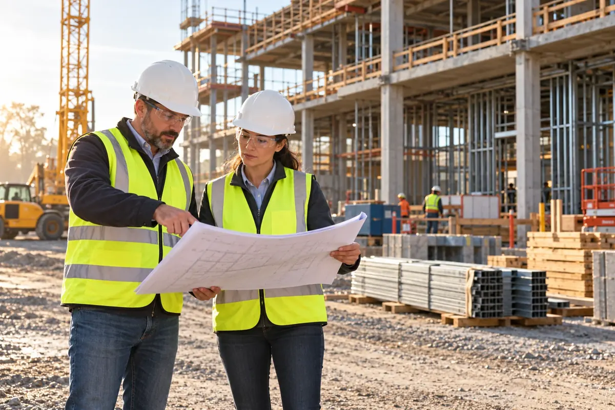 Construction managers reviewing plans on a commercial project