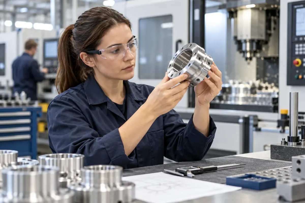 Manufacturing engineer inspecting a machined component