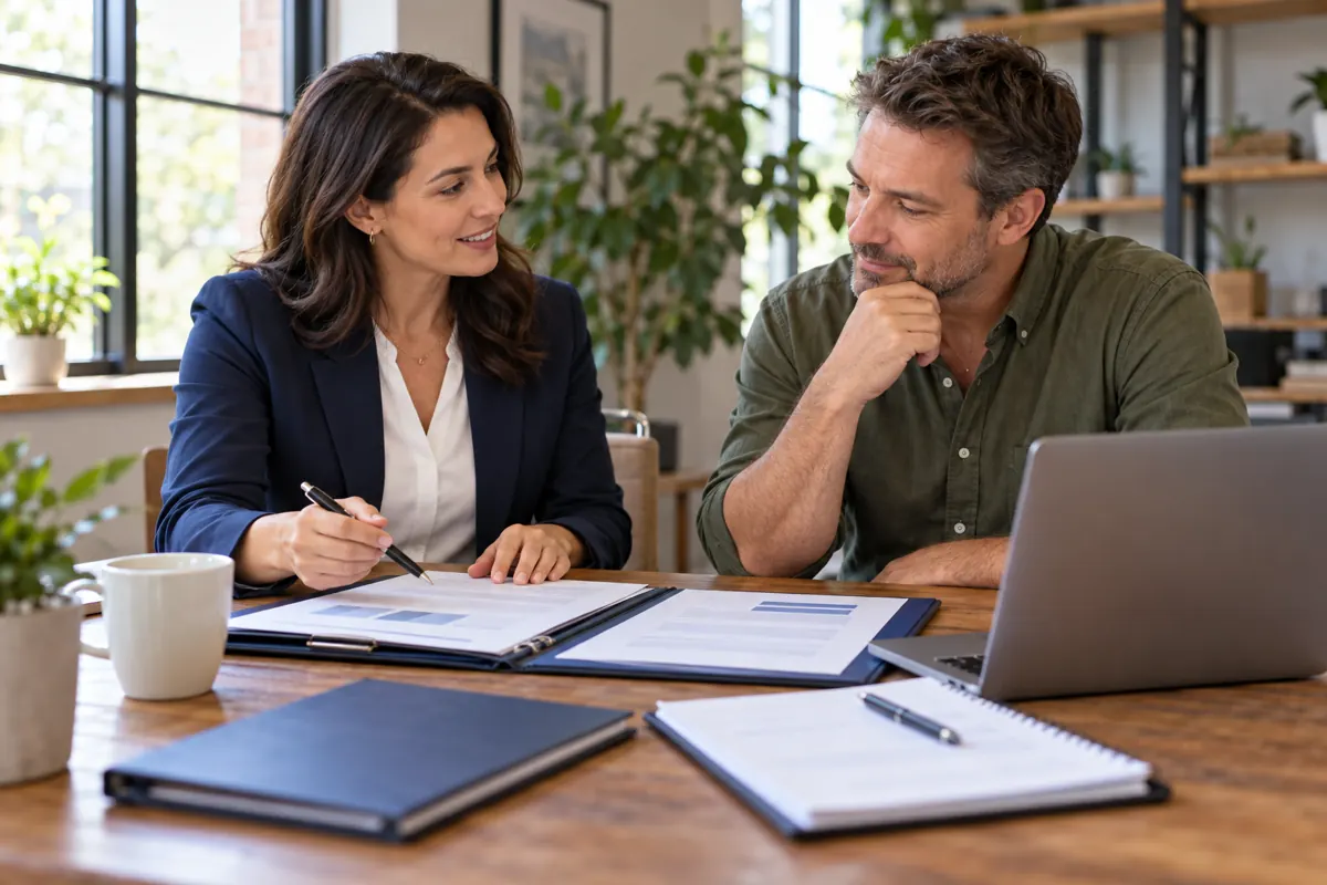 Business owner and insurance advisor reviewing underlying policies